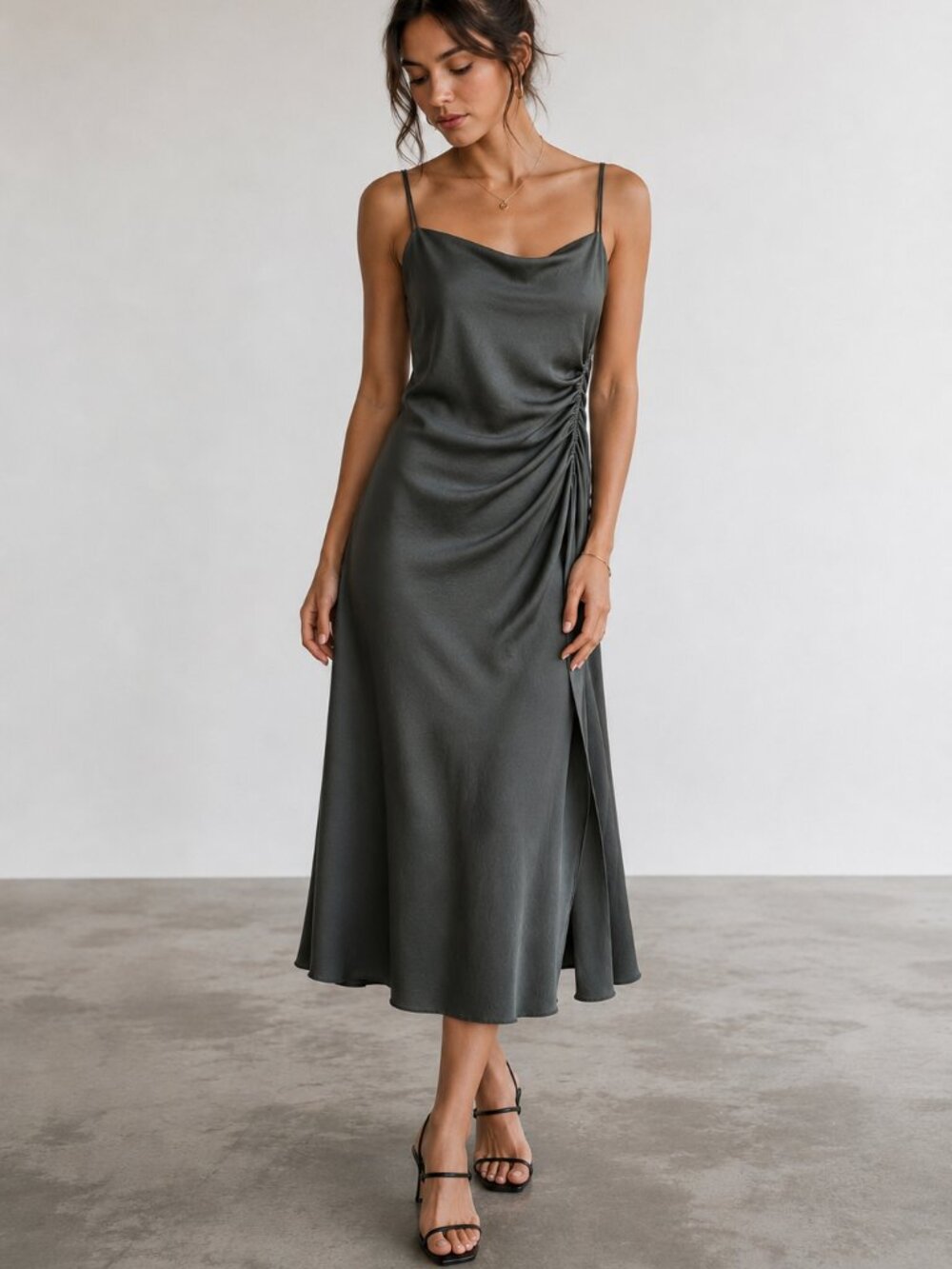 ZARA Satin Midi Slip Dress Ruched Double Strap Lingerie Style Olive Green Sz M